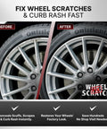 Before and after rim restoration using Silver Wheel Touch Up Paint Kit For Cars Easy 3 Step DIY Alloy Rim Repair With Fast Dry Pen Curb Rash Remover For Scuffs And Chips OEM Finish Wheel Paint For Home Rim Restoration