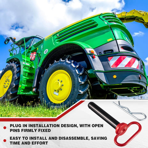 Green ATV with yellow wheels on grass, highlighting 2 Pack 1 Inch Clevis Hitch Pins With Red Rubber Coated Handle And 3.35 Inch R Clip.