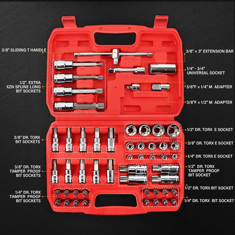 53-piece Torx Socket Set in red case with 1/4, 3/8, 1/2 inch drives, tamper proof E torx, extra long spline tips, S2 steel CR-V material