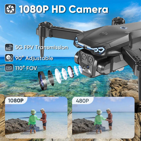Foldable 1080P Camera Drone for Beginners and Kids Real Time FPV One Key Start Gesture Selfie 3D Flips 3 Speed Modes Two Batteries Easy RC Quadcopter Gift for Boys and Girls over beach with FPV transmission and camera specs