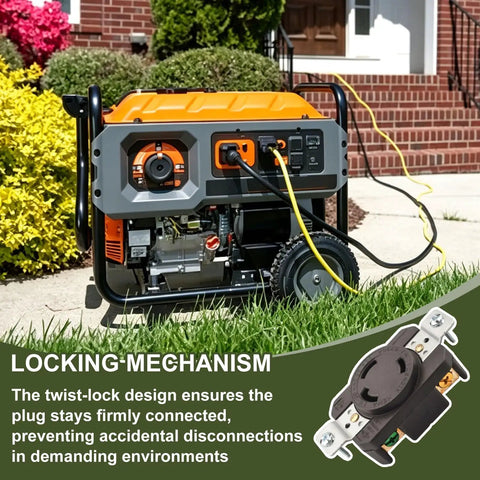 Rock Solid Heavy Duty 30 Amp Flush Mount Locking Receptacle Featuring Nema L630R Twist Lock Plug Socket For No Nonsense Industrial Power Demands And Pro Shop Setup in use with generator.