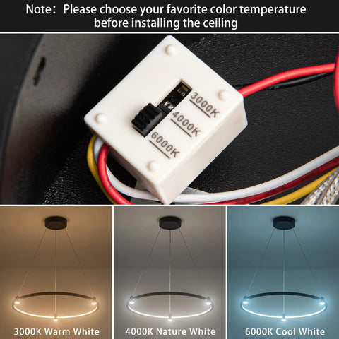 Color temperature settings and lighting display for Dope Sleek Black Circular Ring LED Pendant Light Dimmable Ceiling Fixture 23.6 Inch Hanging