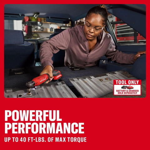 Cordless Electric Ratchet Wrench With 3/8 And 1/2 Inch Swappable Anvils Blazing 300 Rpm 40 Ft Lbs Kickin Torque LED work lamp being used in a car.