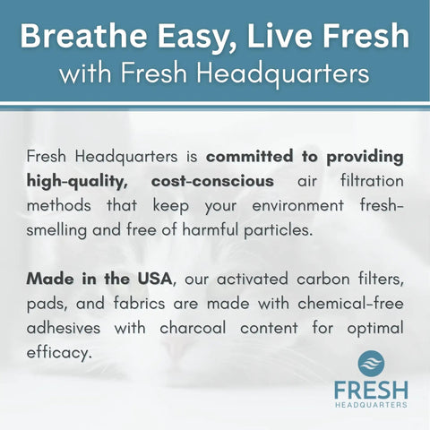 Breathe Easy, Live Fresh text promoting Fresh Headquarters' air filtration products made in USA with activated carbon.