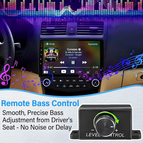 Universal 3.5mm Remote Bass Control Knob For Car Amplifier With 16 Ft Cable And Mounting Screws in car interior setup.