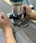 Clear Acrylic Router Base Plate Optimized For Rt0701c And Xtr01z Routers being used on a wooden surface for joinery.