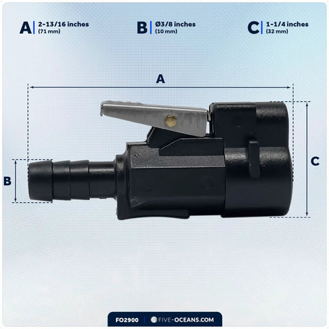 Side view of black Three Eighths Inch Barb Female Fuel Line Tank End Connector For Mercury Outboards Post 1998 with measurements.