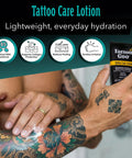 Person applying Tattoo Aftercare Kit 3 Piece Set with Antimicrobial Soap, Tattoo Balm, and Healing Lotion on tattooed arm.
