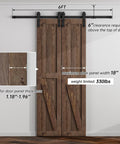 Six Foot Sliding Barn Door Hardware Kit For Double Doors With Smooth Quiet Track System Heavy Duty Carbon Steel Construction Supports Up To 330 Lbs Fits Doors From 1.18 To 1.96 Inches Thick 18 Inch Wide Doors J Shape Hangers shown installed on wooden doors.