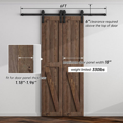 Six Foot Sliding Barn Door Hardware Kit For Double Doors With Smooth Quiet Track System Heavy Duty Carbon Steel Construction Supports Up To 330 Lbs Fits Doors From 1.18 To 1.96 Inches Thick 18 Inch Wide Doors J Shape Hangers shown installed on wooden doors.