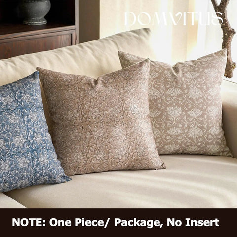 Floral Throw Pillow Cover 18x18 Inch One Sided Front Floral Print Back Plain Cotton for Couch Sofa Bed Living Room Neutral Camel Decor Vintage Block Print Accent Pillow Cover for Modern Home, floral print pillow covers on sofa