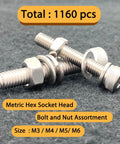 304 Stainless Steel Hex Socket Cap Bolts And Nuts Set, 1160 Piece M3 To M6 Metric Hardware With Flat And Lock Washers on display