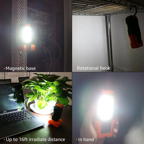 Portable LED Work Light With Magnetic Base And Hanging Hook in various uses: magnetically mounted, hooked, on desk, handheld.
