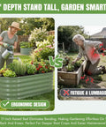 Comparison of woman using Galvanized Raised Garden Bed Kit Four By Two By Seventeen Inch Tall Beefy Back Friendly Metal Planter versus traditional garden.