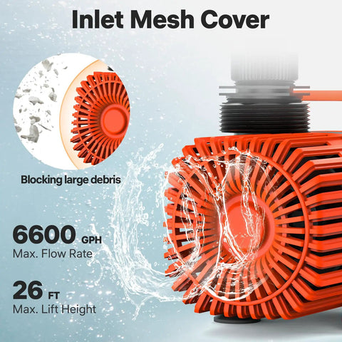 Ultra Quiet 6600 GPH Submersible Water Pump with inlet mesh cover, 26 ft lift, 500W, ideal for pond fountain waterfall aquarium