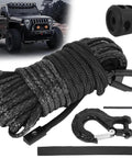 Rugged And Ready Synthetic Winch Rope Kit with Protective Sleeve, 1/4 inch x 50 ft rope, hook, stopper, strap, and hex wrench for off-road vehicles.