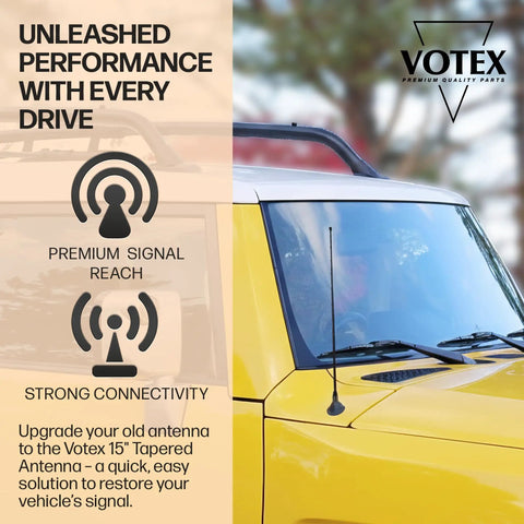 15 Inch Black Antenna For Ford F Series Trucks And Dodge Ram With Steel Threading Durable Exterior Replacement Easy Install Fits F150 F250 F350 F450 F550 Raptor And More From 1980 To 2026 Tough As Nails installed on yellow vehicle