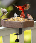 Clamp On Deck Bird Feeder With 11 Inch Hexagon Tray No Drill Balcony Railing Mount 2.2 Inch Clamp Adjustable Recycled Plastic Seed Tray