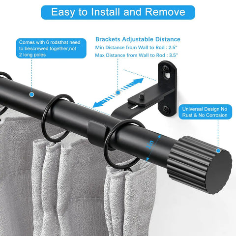 Adjustable Curtain Rod Set 1 Inch Diameter Black Metal For Windows From 16 To 92 Inches Or Up To 104 Inches Max With Cylindrical Finials