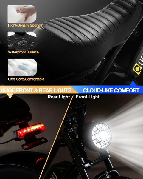Electric Fat Tire E-Bike For Adults And Teens With 1500W Peak Motor, comfortable seat, front light and rear light features