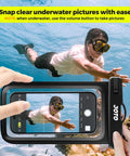 Snorkeler captured through Universal Waterproof Phone Case Dry Bag Two Pack IPX8 Fits All Phones Up To 7 Inch Screen in underwater scene.