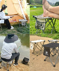 Ultralight Portable Folding Camping Stool With Carry Bag used in different outdoor settings for camping, fishing, and picnics