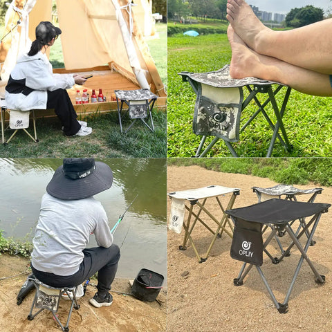 Ultralight Portable Folding Camping Stool With Carry Bag used in different outdoor settings for camping, fishing, and picnics