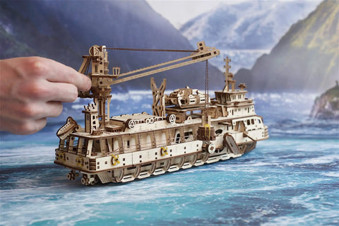 Research Vessel 3D Wooden Puzzle Kit For Adults, Mechanical Ship Model With Bathyscaphe; hand-adjusted crane