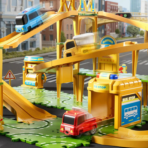 Epic 4 Tier Puzzle Race Car Track Set For Kids Ages 3 To 8 With 51 Pieces bridges overpasses road signs and colorful cars