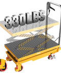 Tera hydraulic lift table cart LT1502, yellow steel frame and diamond-plate platform, 330 lb capacity, front view