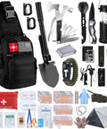 Front view of black tactical backpack survival kit with 251 pieces including flashlight, multitool, axe, first aid, paracord.