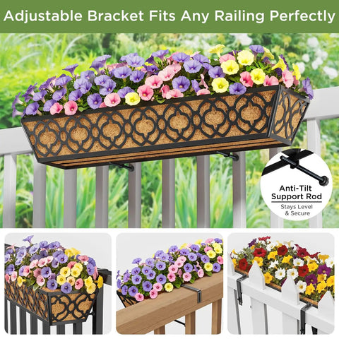 Adjustable Railing Planter Boxes Set, 4 Pack Of 30 Inch And 2 Pack Of 24 Inch, Hanging Balcony Planter on deck railing with flowers.