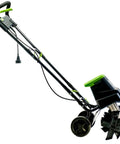 Side view of a black corded electric garden tiller cultivator with 12.5 amp motor, 16 inch width, and six steel tines showing single lever switch.