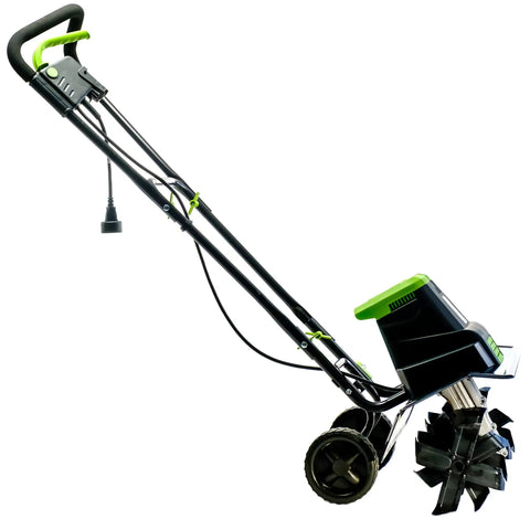 Side view of a black corded electric garden tiller cultivator with 12.5 amp motor, 16 inch width, and six steel tines showing single lever switch.