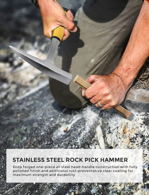 Upgrade Geology Rock Hammer Kit Bundle With 33.8 Oz Pick in use on rock surface