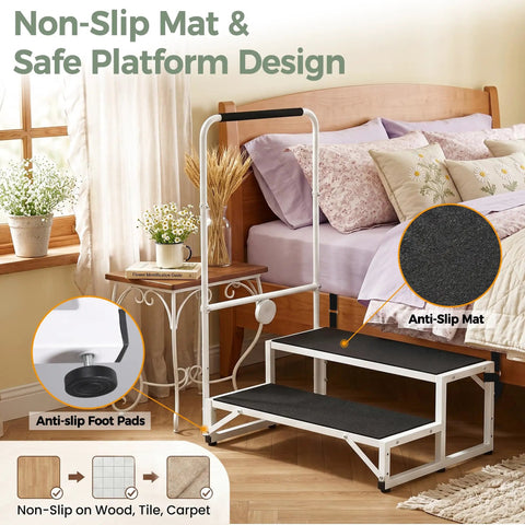 Senior Friendly Bed Step Stool For Adults And Elderly No Fuss Non Slip Stable Height Helper beside a bed with anti-slip mat and handrail