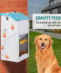 Heavy Duty Automatic Dog Feeder With Transparent Gravity Door And Fifteen Pound Capacity Built For Rugged Outdoor Use ensuring a golden retriever gets fresh chow.
