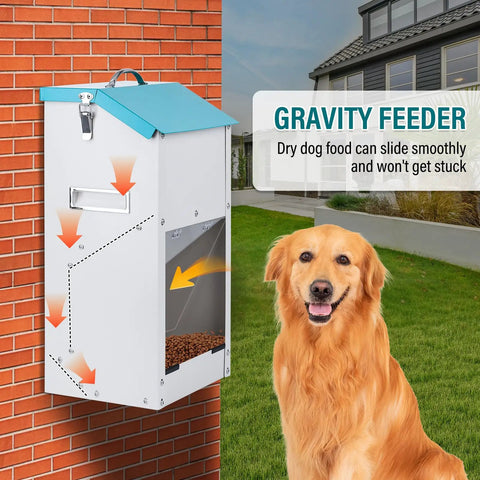 Heavy Duty Automatic Dog Feeder With Transparent Gravity Door And Fifteen Pound Capacity Built For Rugged Outdoor Use ensuring a golden retriever gets fresh chow.