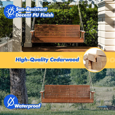 Built Tough Outdoor Wooden Porch Swing With Adjustable Chains 880 Lb Capacity 5 Ft Brown Garden Bench Seat for Patio Courtyard.