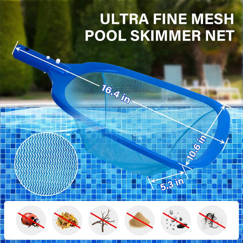 Ultra fine mesh pool skimmer net dimensions for All In One Pool Cleaning Kit With 12.5 Inch Brush Head Ultra Fine Mesh Skimmer Net And 76.5 Inch Aluminum Pole