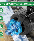 Close-up of 7x4 all-terrain wheel on Foldable Push And Pull Beach Wagon With Dual Handles And All Terrain Wheels 500 Lb Capacity