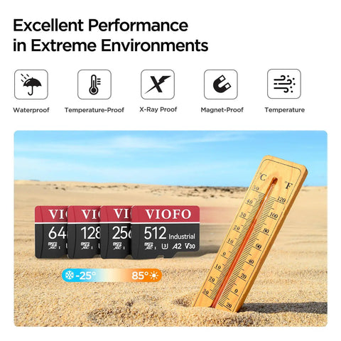 Industrial Grade 256GB MicroSD Card With Adapter For Dash Cams And Action Cams Ultra High Speed U3 A2 V30 Endurance Rated For 4K Video Recording In Tough Conditions, displayed with temperature icons on desert background.