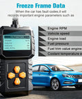 Plug And Play OBD2 Diagnostic Tool For Cars 1996 And Newer With Clear Code Readouts in front of a blue sedan