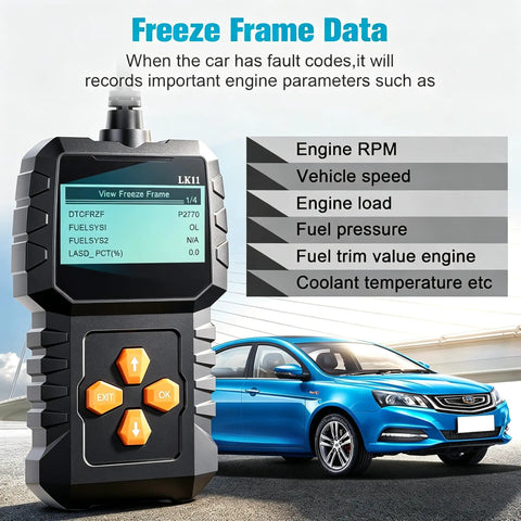 Plug And Play OBD2 Diagnostic Tool For Cars 1996 And Newer With Clear Code Readouts in front of a blue sedan