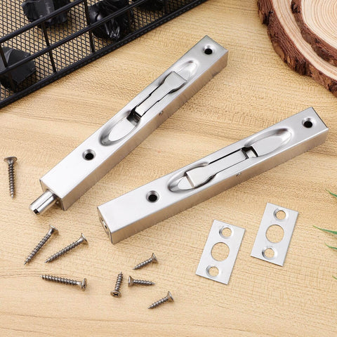 Two Sets Stainless Steel Flush Bolt For Double Doors Hidden Slide Bolt Latch Security Lock With Vertical Installation Easy To Install With Screws No Fuss Works On Wood And French Doors Durable Door Hardware For Smooth Quiet Locking And Clean Look shown with installation screws and plates on wooden background.