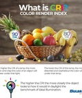 Image explaining CRI with fruits displayed under 90 CRI and 80 CRI lighting, highlighting color differences. Bulbrite logo at bottom.