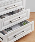 Close-up of white drawers with 20 Pack Brushed Nickel Cabinet Pulls 5 Inch Solid Zinc Alloy Drawer Handles For Kitchen Cabinets Closet Bathroom Dresser Hardware Fingerprint Resistant Square Modern Pulls Slick Upgrade Easy Install And Universal Fit