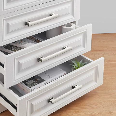 Close-up of white drawers with 20 Pack Brushed Nickel Cabinet Pulls 5 Inch Solid Zinc Alloy Drawer Handles For Kitchen Cabinets Closet Bathroom Dresser Hardware Fingerprint Resistant Square Modern Pulls Slick Upgrade Easy Install And Universal Fit