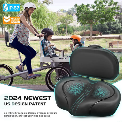 Ultra Wide Bike Seat Cushion With Extra Padding And Back Rest For Men And Women, black padded bike seat with backrest for cargo bike