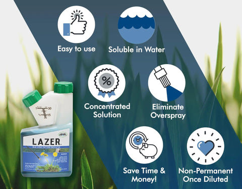 Liquid Harvest Lazer Blue spray pattern indicator bottle, 8 oz, white container with green cap for turf marking